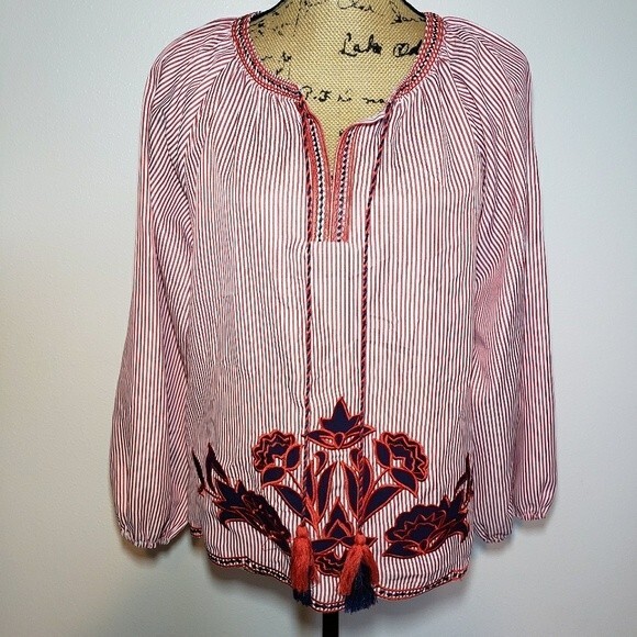 Solitaire Striped Embroidered Long Sleeve Bohemian Lightweight Blouse Size M - Picture 1 of 8